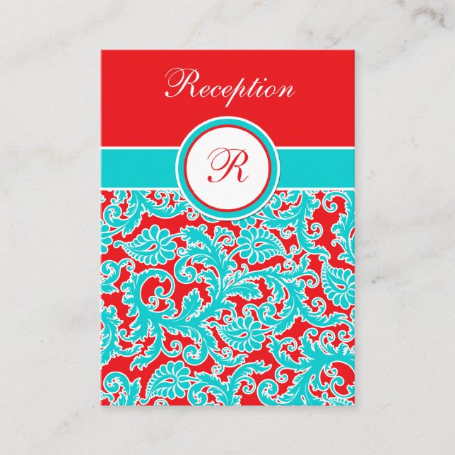 Recepción Tarjeta de envoltorio de Damask Monogram Rojo Azul (Anverso)