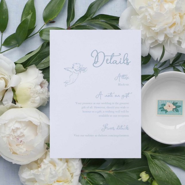Recepción Tarjeta de envoltorio de detalles azul turbio y su (dusty blue hand drawn cherub wedding details card, blue wedding enclosure card whimsical artsy)