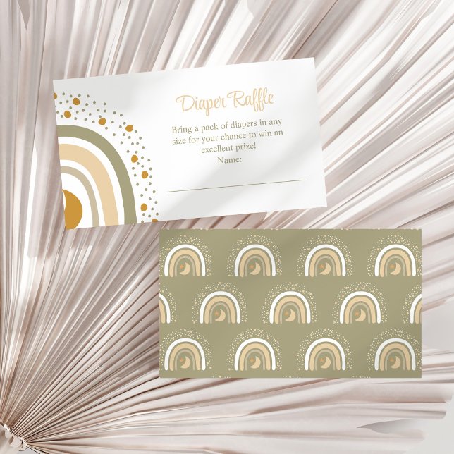 Recepción Tarjeta de envoltorio de pañal de arcoiris neutro  (Boho Neutral Rainbow Diaper Raffle Enclosure Card on a white dry palm leaf.)