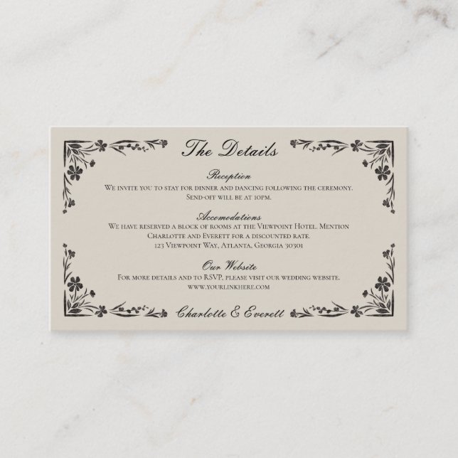 Recepción Tarjeta de envoltura de Boda floral negro (Anverso)