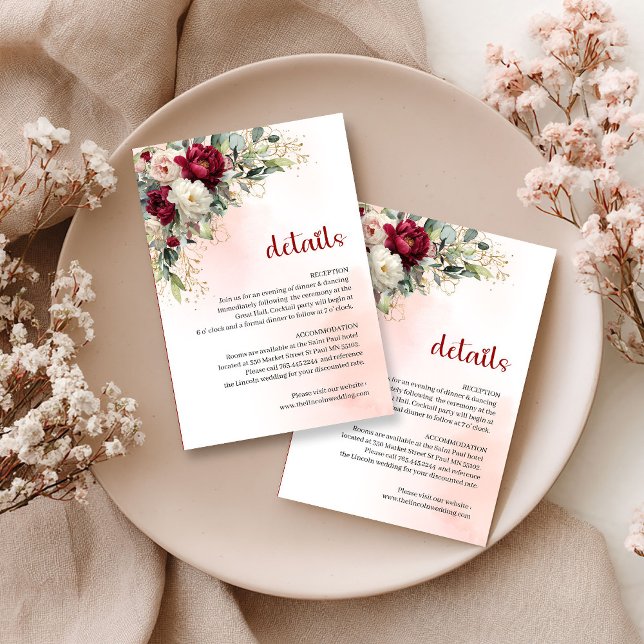 Recepción Tarjeta de flores de borgoña con verde y detalles  (Burgundy blush flowers greenery gold details card

)