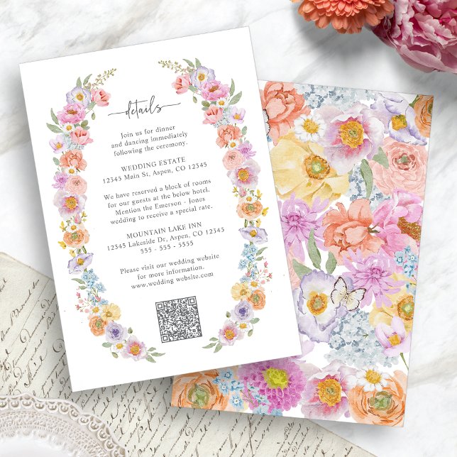 Recepción Tarjeta de gabinete Boda colorida (Bold Colorful Floral Wedding Enclosure Card QR Code by Painted Paperie
)
