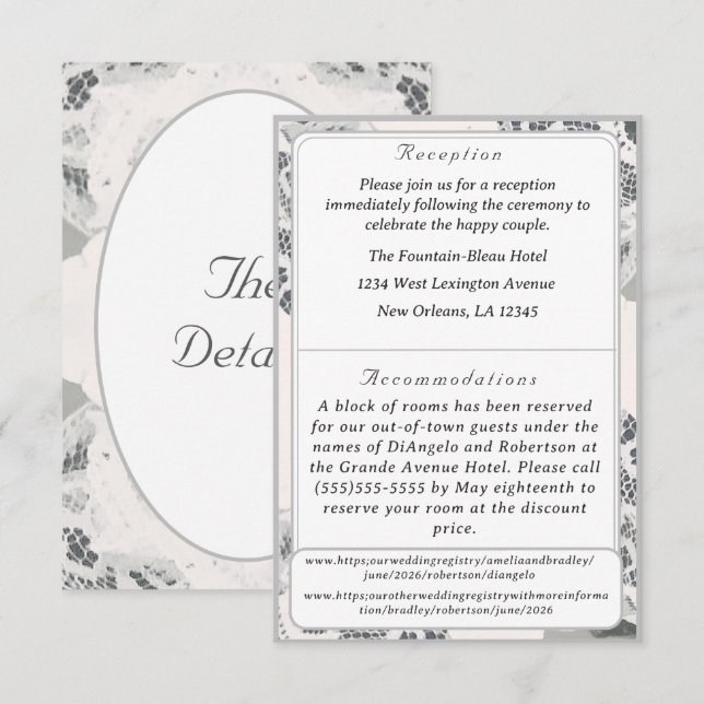 Recepción Tarjeta de gabinete de Boda de encaje rosa de cham (Anverso / Reverso)