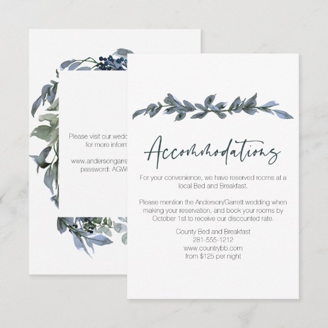 Recepción Tarjeta de gabinete de Boda floral verde Sage Silv (Anverso / Reverso)