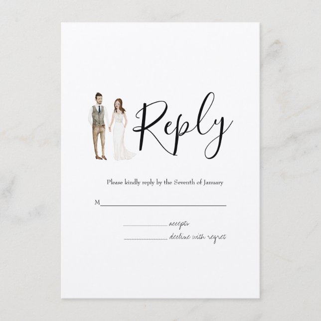 Recepción Tarjeta de gabinete de Boda RSVP de pareja ilustra (Anverso)