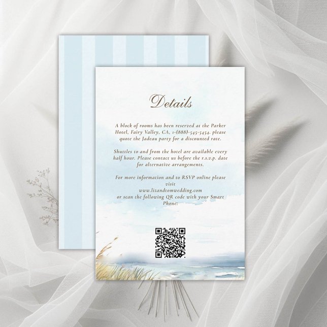 Recepción Tarjeta de gabinete de detalles de Beach Ocean Blu (wild beach wedding details card dreamy watercolor ocean fence grass nature formal modern classic)