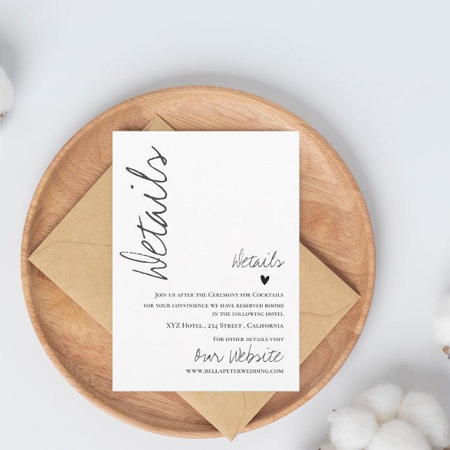 Recepción Tarjeta de gabinete de detalles de Boda de script  (Classy Script Wedding Details Enclosure Card | Modern Black White Wedding Insert)