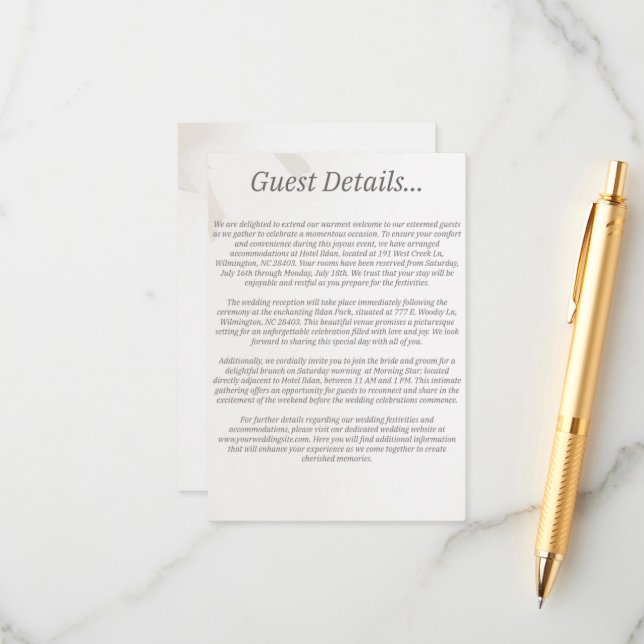 Recepción Tarjeta de gabinete de detalles de invitado de bod (Anverso/Reverso In Situ)