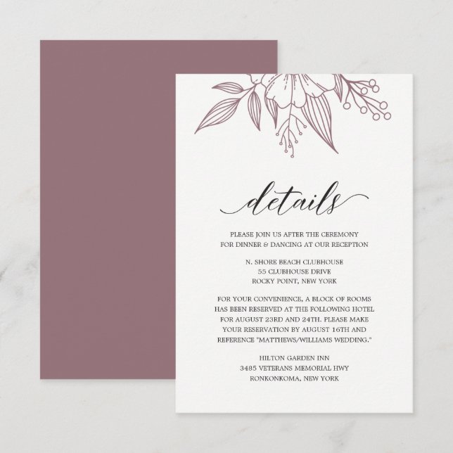 Recepción Tarjeta de gabinete Mauve Boda floral elegante sim (Anverso / Reverso)