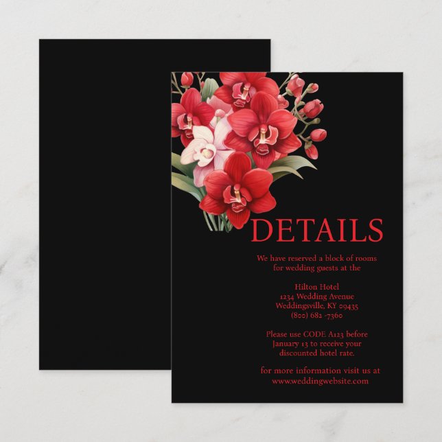 Recepción Tarjeta de gabinete para Bodas de orquídeas rojas (Anverso / Reverso)