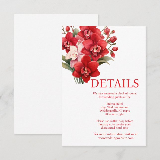 Recepción Tarjeta de gabinete para Bodas de orquídeas rojas (Anverso / Reverso)