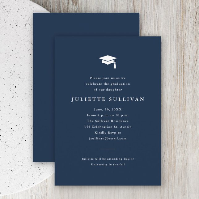 Recepción Tarjeta de Graduación con Tipografía Simple (Simple typography navy blue graduation invitation announcement enclosure card.)