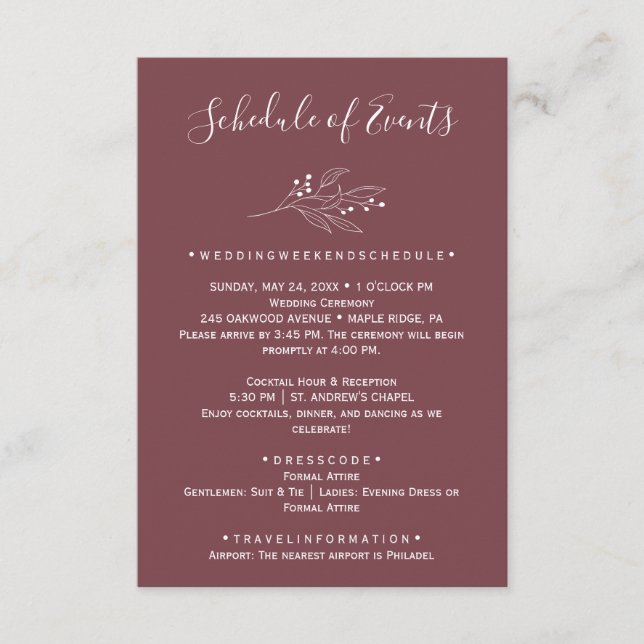 Recepción Tarjeta de horario de boda de Borgoña (Anverso)