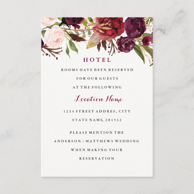 Recepción Tarjeta de Hotel de Boda Floral Rojo Burdeos de Ot (Anverso)