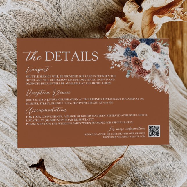 Recepción Tarjeta de inclusión de boda boho de terracota óxi (Terracotta Rust Navy Boho Wedding Enclosure Card with QR Code)
