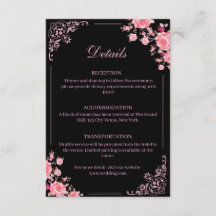 Tarjeta de inclusión de boda floral negra y rosa