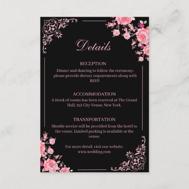 Recepción Tarjeta de inclusión de boda floral negra y rosa (Anverso)