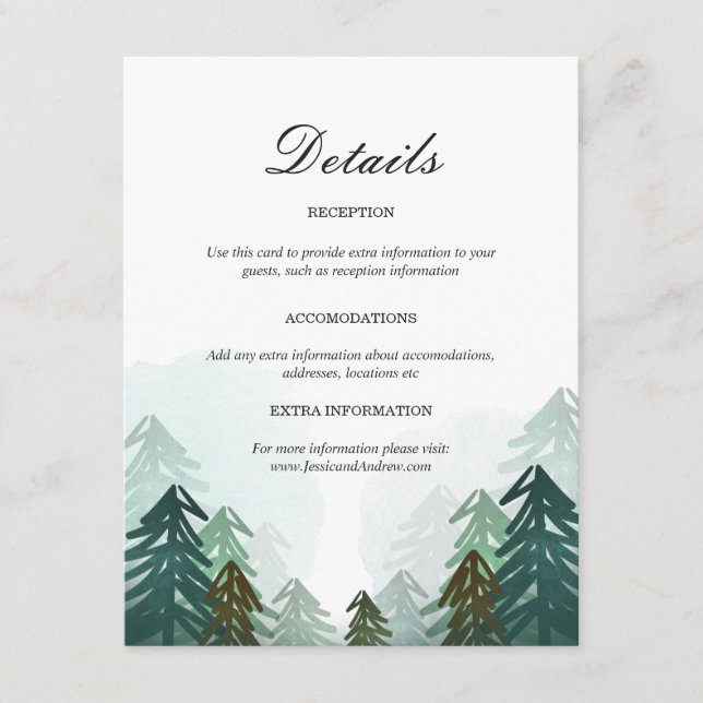 Recepción Tarjeta de información de Boda forestal Pinos Árbo (Anverso)