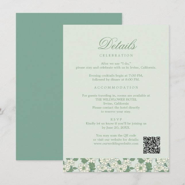 Recepción Tarjeta de Información de Boda Verde Salvia (Anverso / Reverso)