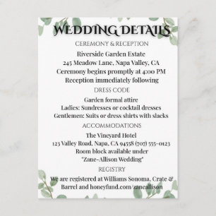 Recepción Tarjeta de Información de Boda Verde Salvia Eucali