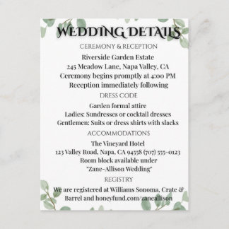 Recepción Tarjeta de Información de Boda Verde Salvia Eucali
