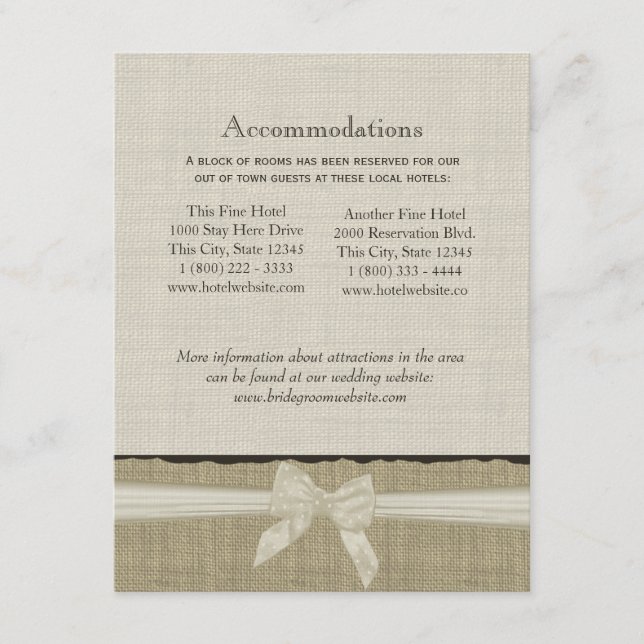 Recepción Tarjeta de información de dirección Rústica Burlap (Anverso)