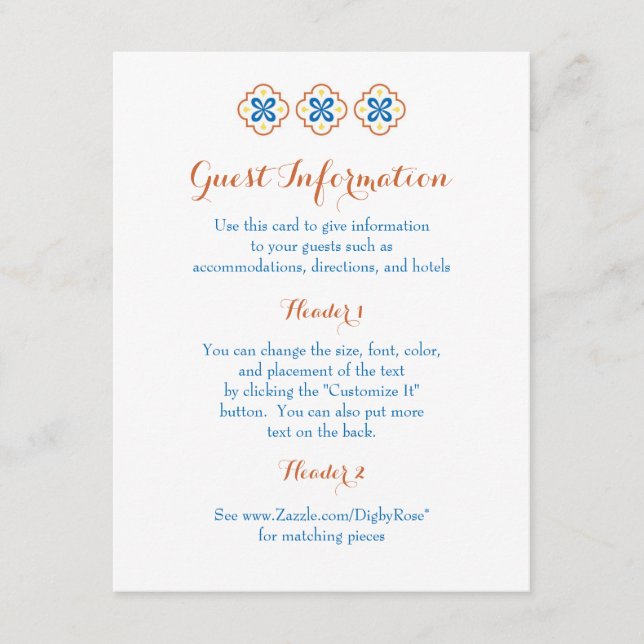 Recepción Tarjeta de información de mosaico en español de Ta (Anverso)