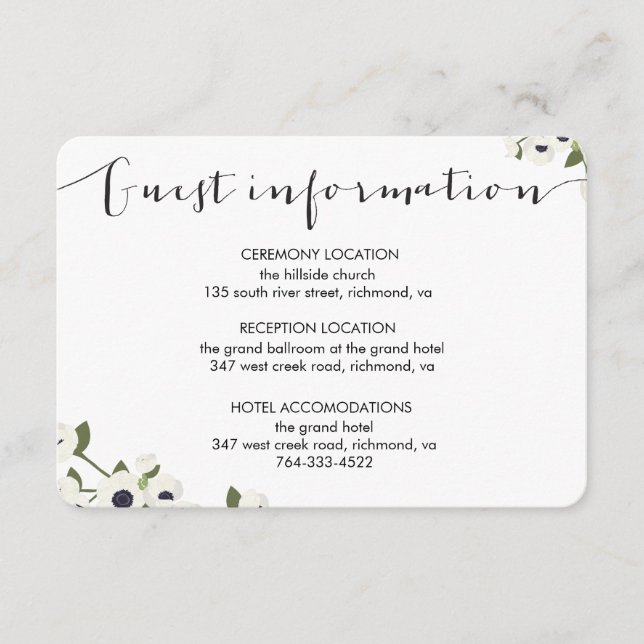 Recepción Tarjeta de información del Boda de flores de anémo (Anverso)