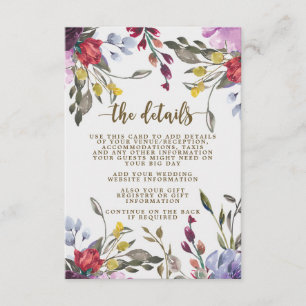 Recepción tarjeta de información del boda floral de boho wil