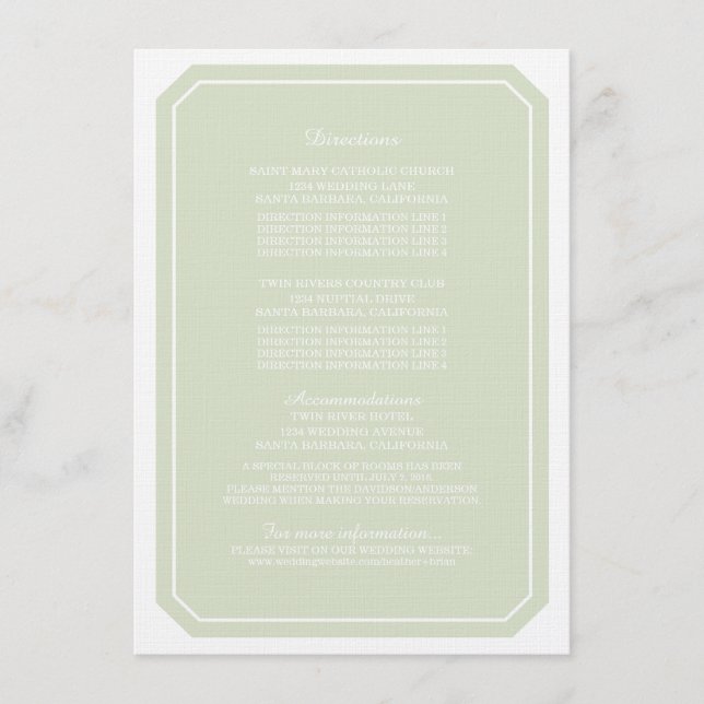 Recepción Tarjeta de información verde simple y elegante (Anverso)