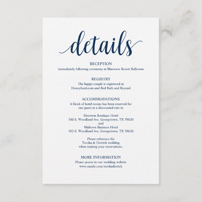 Recepción Tarjeta de inscripción de detalles de Boda de la m (Anverso)