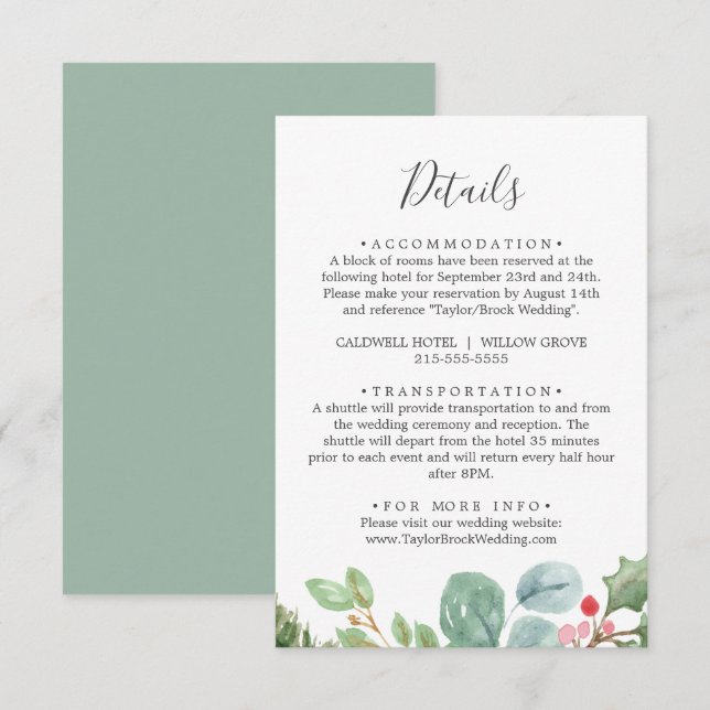 Recepción Tarjeta de inscripción de detalles de verde y de b (Anverso / Reverso)