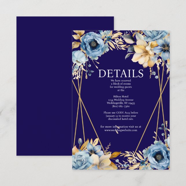 Recepción Tarjeta de inscripción de detalles sobre azul y or (Anverso / Reverso)