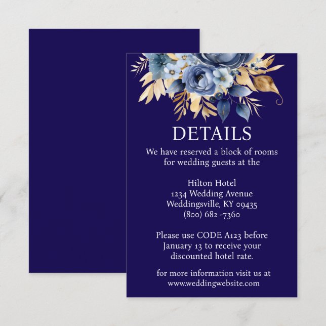 Recepción Tarjeta de inscripción de detalles sobre azul y or (Anverso / Reverso)