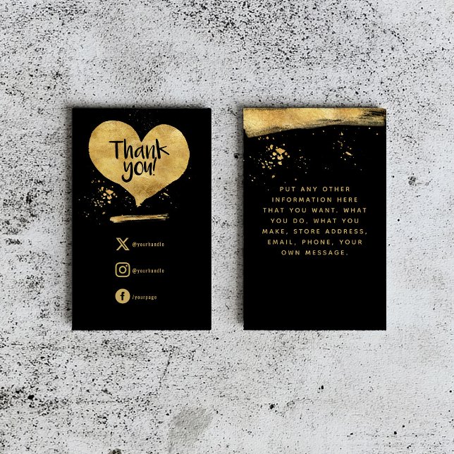 Recepción Tarjeta de inserción de agradecimiento al cliente  (A black insert card with a gold heart saying "Thank you" and social media details beneath it.)