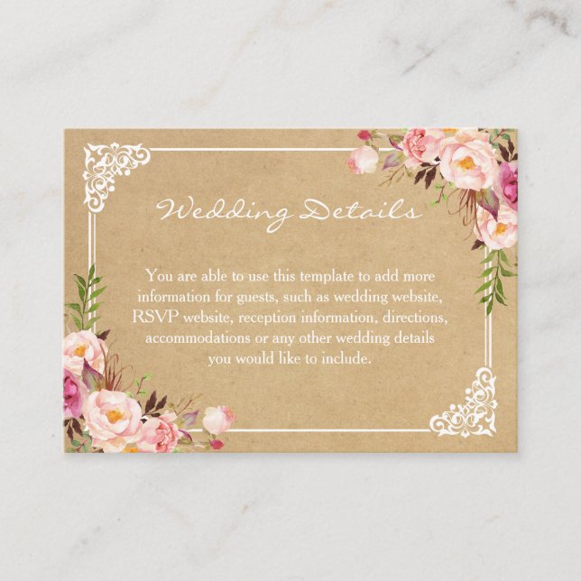 Recepción Tarjeta de inserción de Boda de Kraft floral rústi (Anverso)