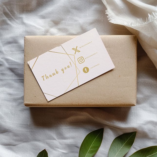 Recepción Tarjeta de inserción de enlaces sociales con efect (Pink and gold geometric "Thank you" insert card with social media icons and details.)