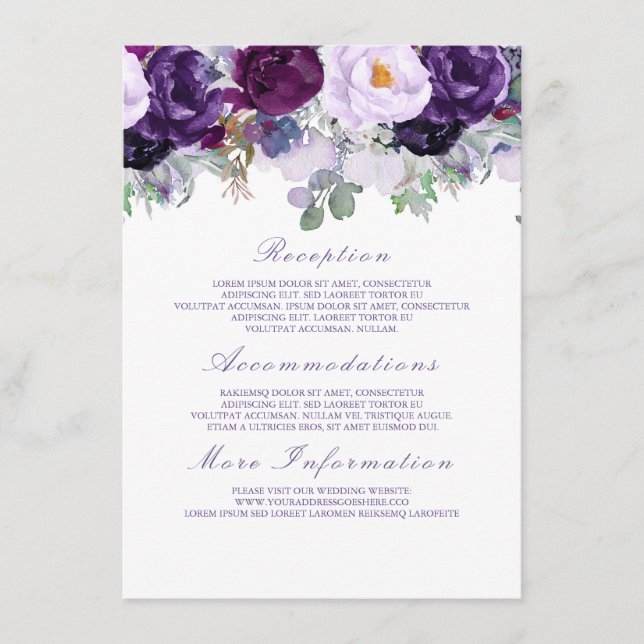 Recepción Tarjeta de invitado con información de Boda morado (Anverso)
