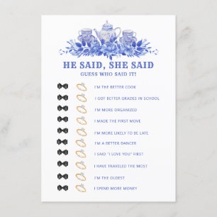 Recepción Tarjeta de juego Blue and White Floral Tea Bridal