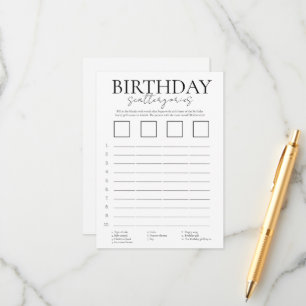 Recepción tarjeta de juego de dispersión de cumpleaños minim