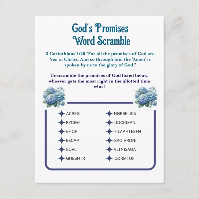 Recepción Tarjeta de juego Word Scramble de Dios promete (Anverso)