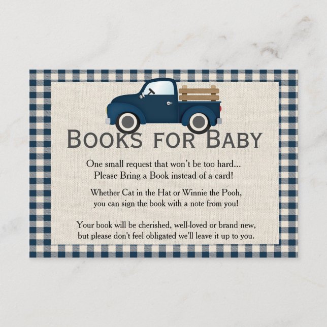 Recepción Tarjeta de Libros de Camión Azul Rústico para Bebé (Anverso)