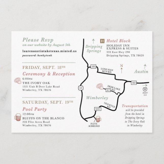 Recepción Tarjeta de mapa del boda - PARA LAUREN (Anverso)