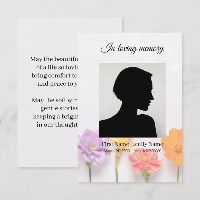 Recepción Tarjeta de oración fúnebre de flores (Anverso / Reverso)