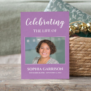 Recepción Tarjeta de oración funeraria morada blanca con fot