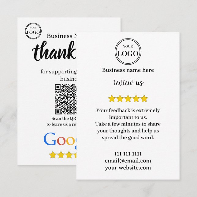 Recepción Tarjeta de presentación con código QR de reseña de (Anverso / Reverso)