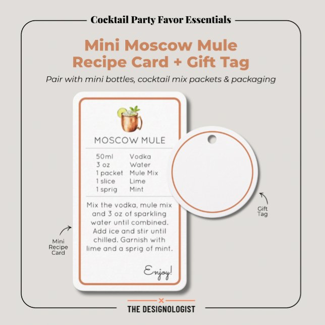 Recepción Tarjeta de Receta de Cóctel Mini Moscow Mule (Create a coordinated cocktail party favor with this Mini Moscow Mule recipe card and matching tag.)