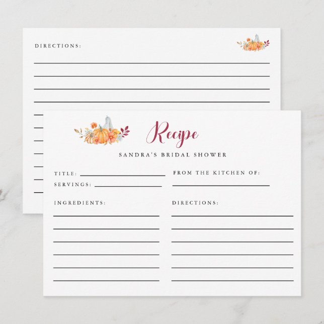 Recepción Tarjeta de receta de ducha de novia Calabaza de ot (Anverso / Reverso)