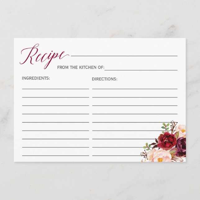 Recepción Tarjeta de receta de ducha de novia floral roja bo (Anverso)
