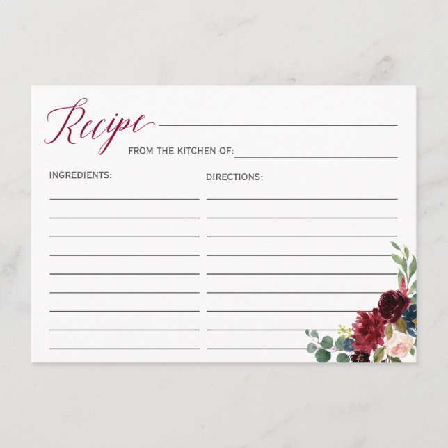 Recepción Tarjeta de receta de ducha nupcial floral de flor  (Anverso)